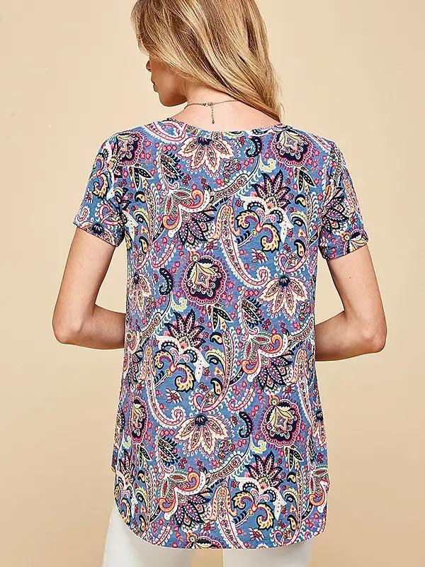 Blue Women Short Sleeve Paisley Top Female Product Image