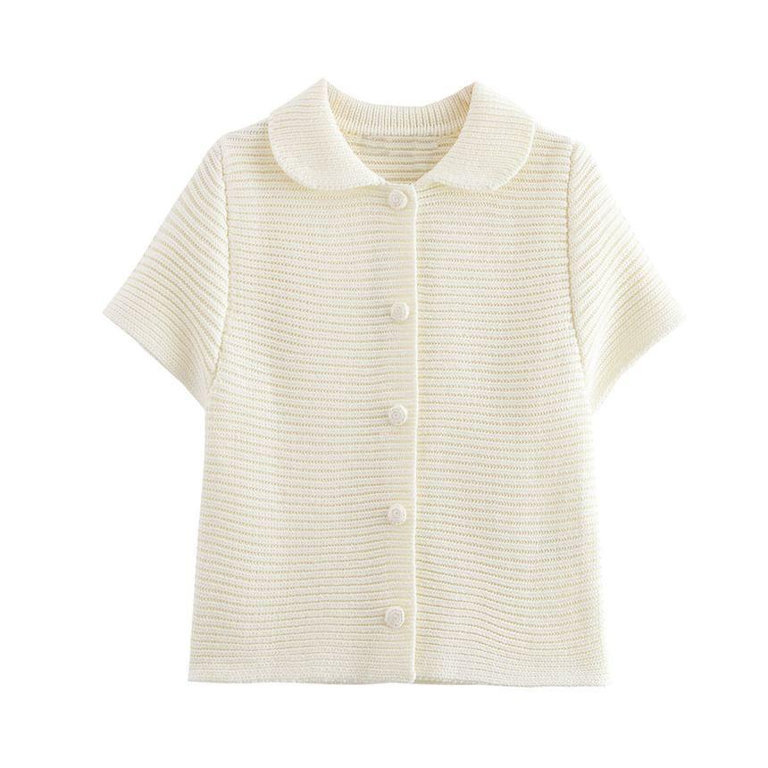 Short Sleeve Collared Plain Button Ribbed Knit Top Product Image