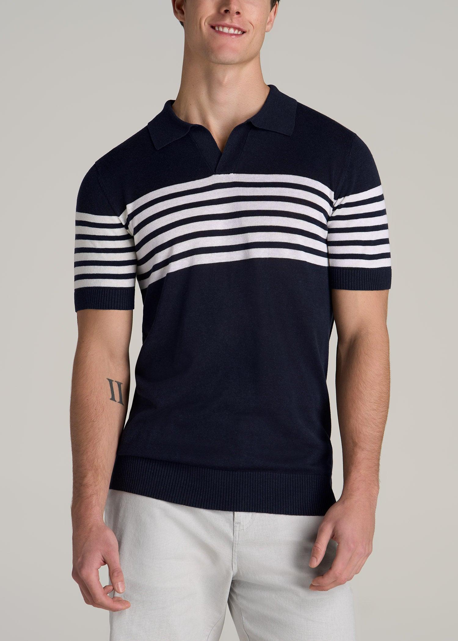 Striped Linen Blend Tall Men's Polo Shirt in Blue and White Stripe Product Image