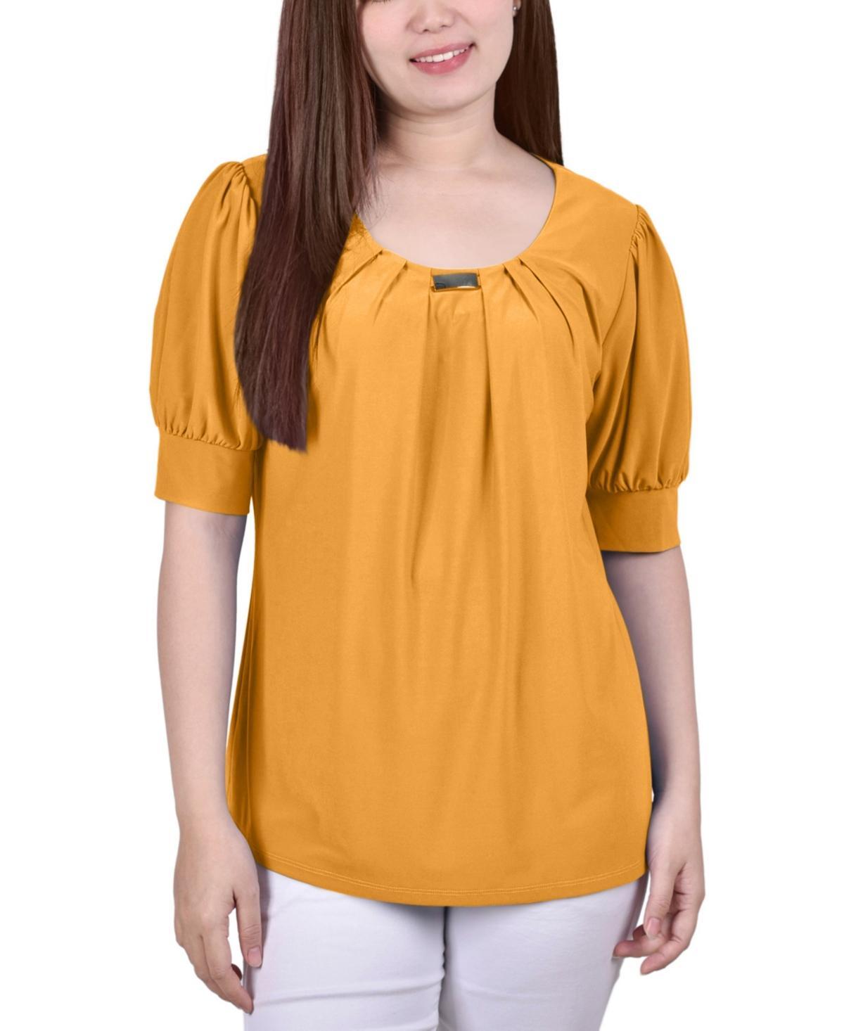 NY Collection Petite Puff Sleeve Pleated Front Blouse -BLUE Product Image