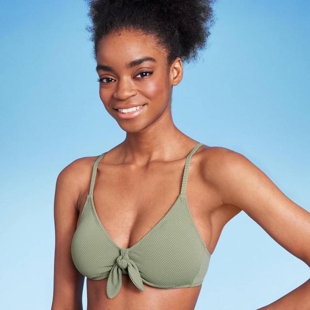 Womens Tie-Front Pique Textured Bralette Bikini Top - Wild Fable Green S Product Image