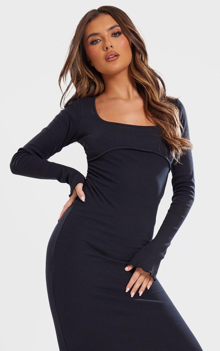 Black Ribbed Seam Detail Long Sleeve Midi Dress Product Image