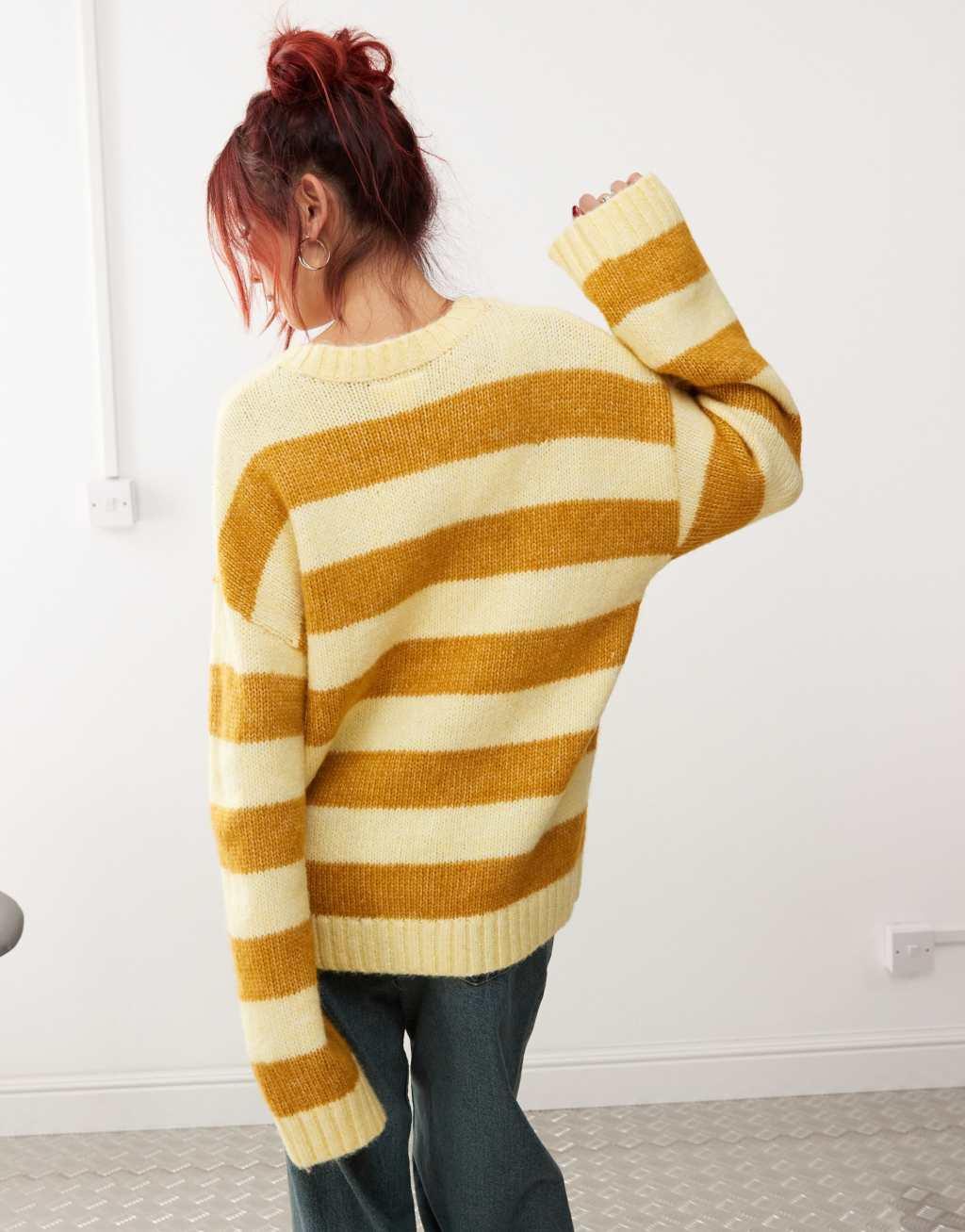 Monki crew neck knit sweater in yellow stripe Product Image