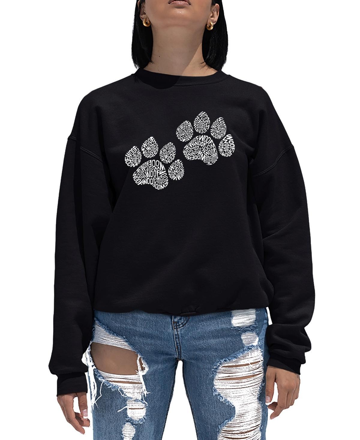 Womens Word Art Crewneck Woof Paw Prints Sweatshirt Product Image