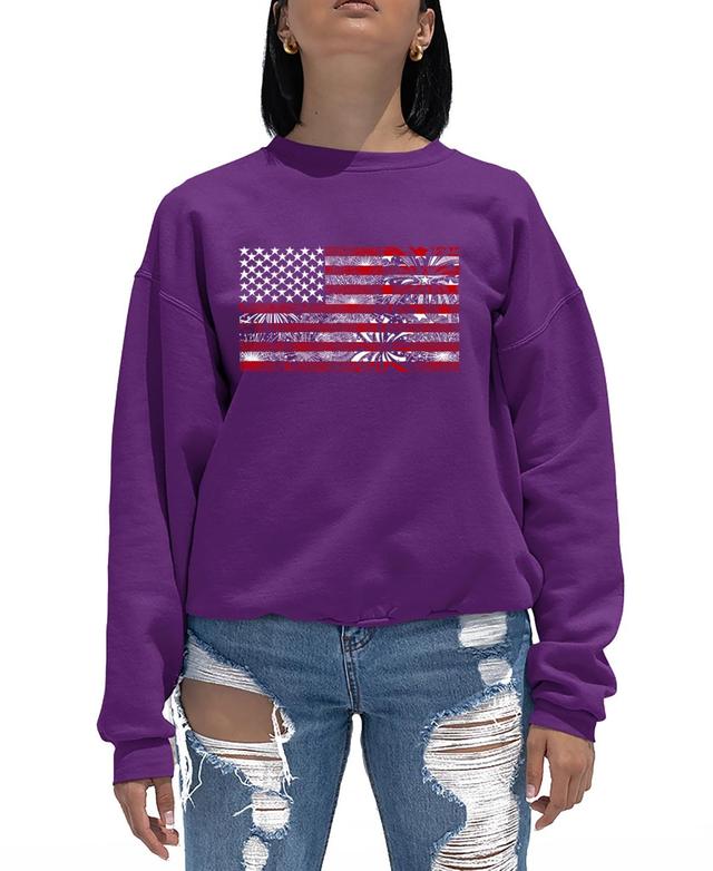 La Pop Art Womens Fireworks American Flag Word Art Crewneck Sweatshirt Product Image