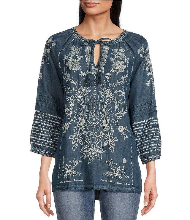 John Mark Embroidered Geometric Floral Split V-Neck 3/4 Sleeve Pintuck Tie Front Peasant Tunic Product Image