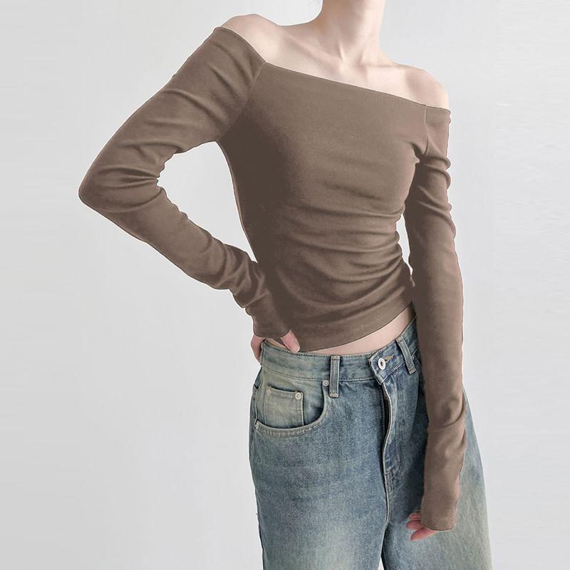 Long-Sleeve Off-Shoulder Plain Crop Slim Fit T-Shirt Product Image