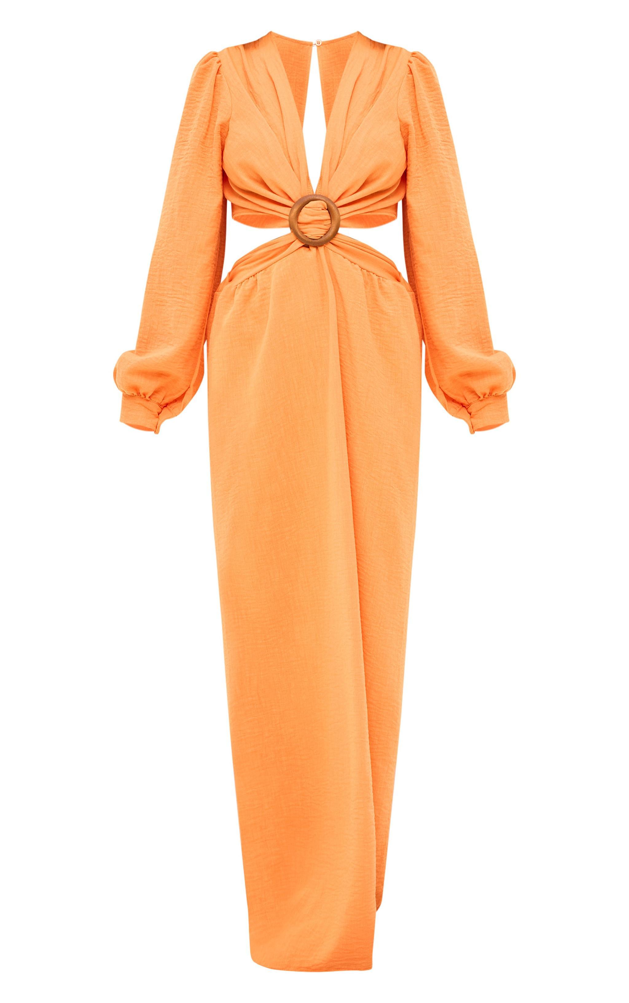 Orange Linen Look Plunge Ring Detail Maxi Dress Product Image