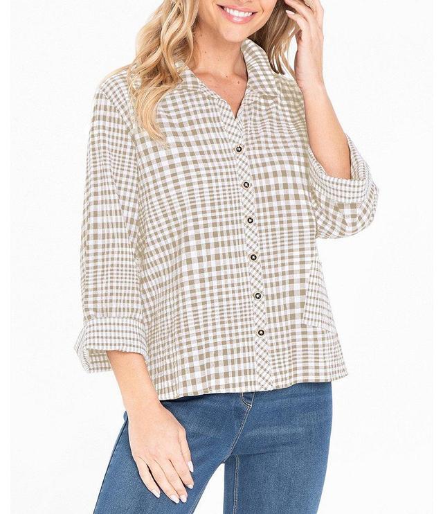 Ali Miles Yarn Dye Plaid Print Point Collar 3/4 Cuffed Sleeve High-Low Hem Button Front Top Product Image