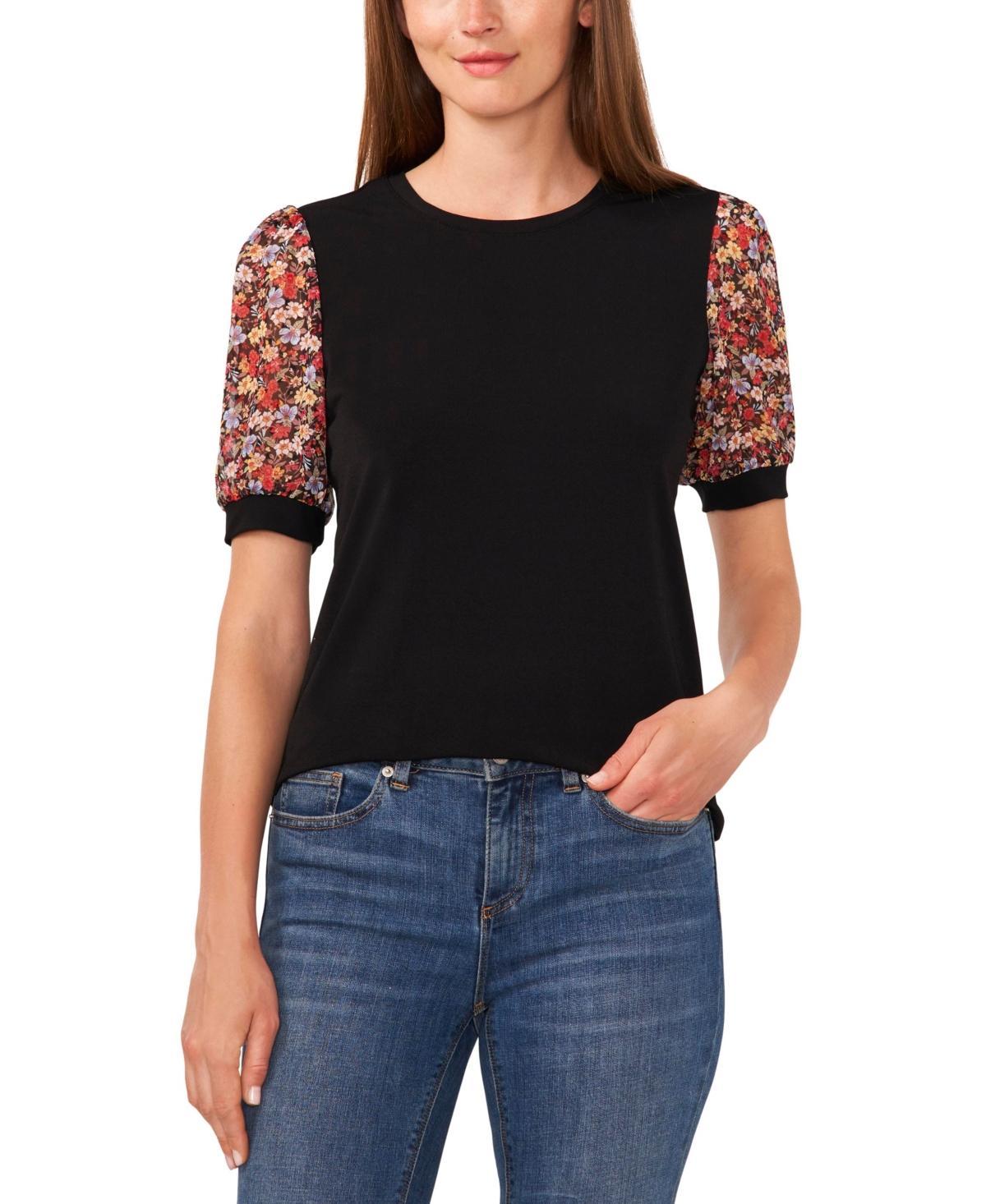 CeCe Womens Floral Mixed Media Short Sleeve Knit Top Product Image