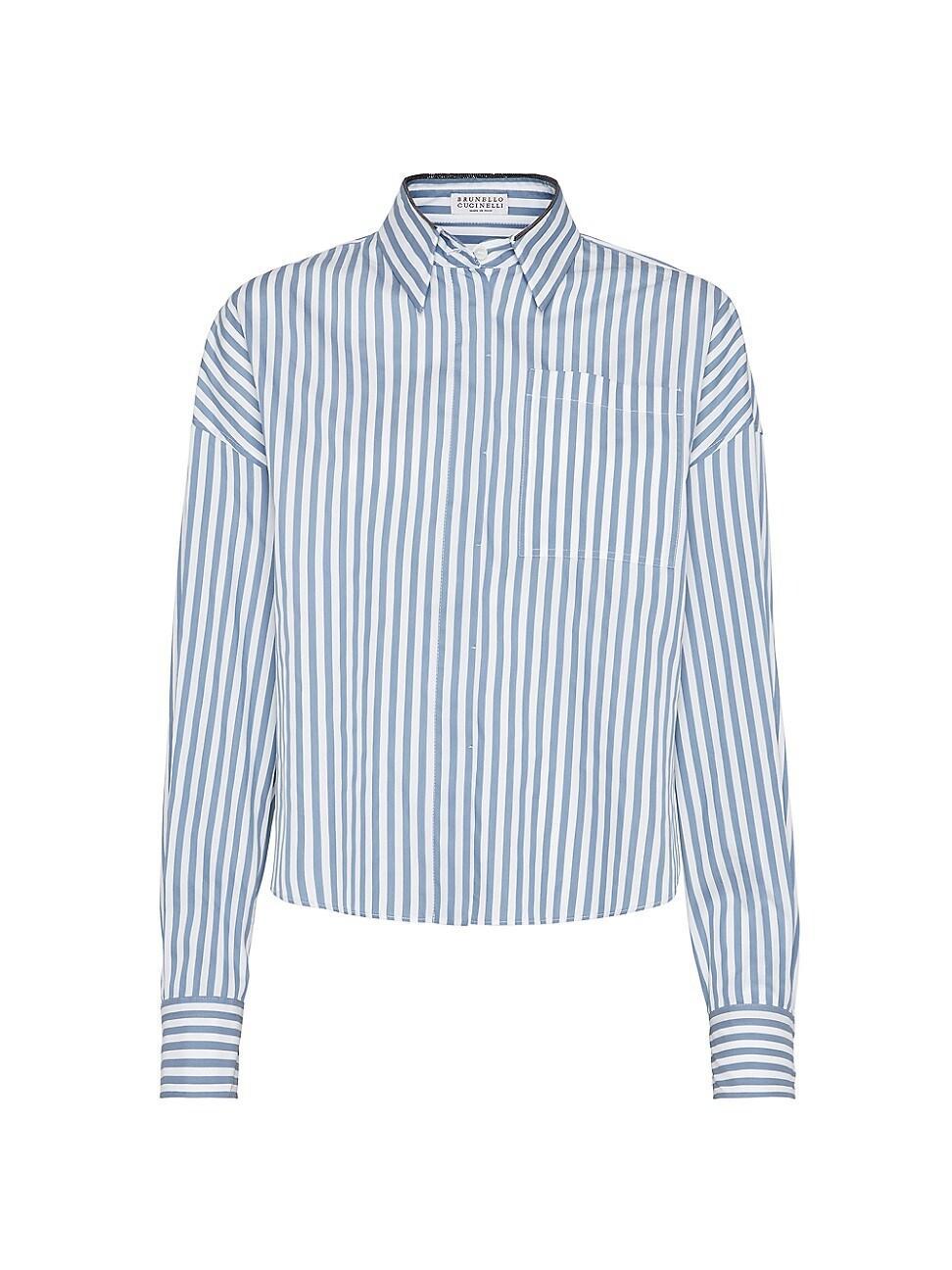 Womens Cotton And Silk Striped Poplin Shirt With Shiny Collar product image