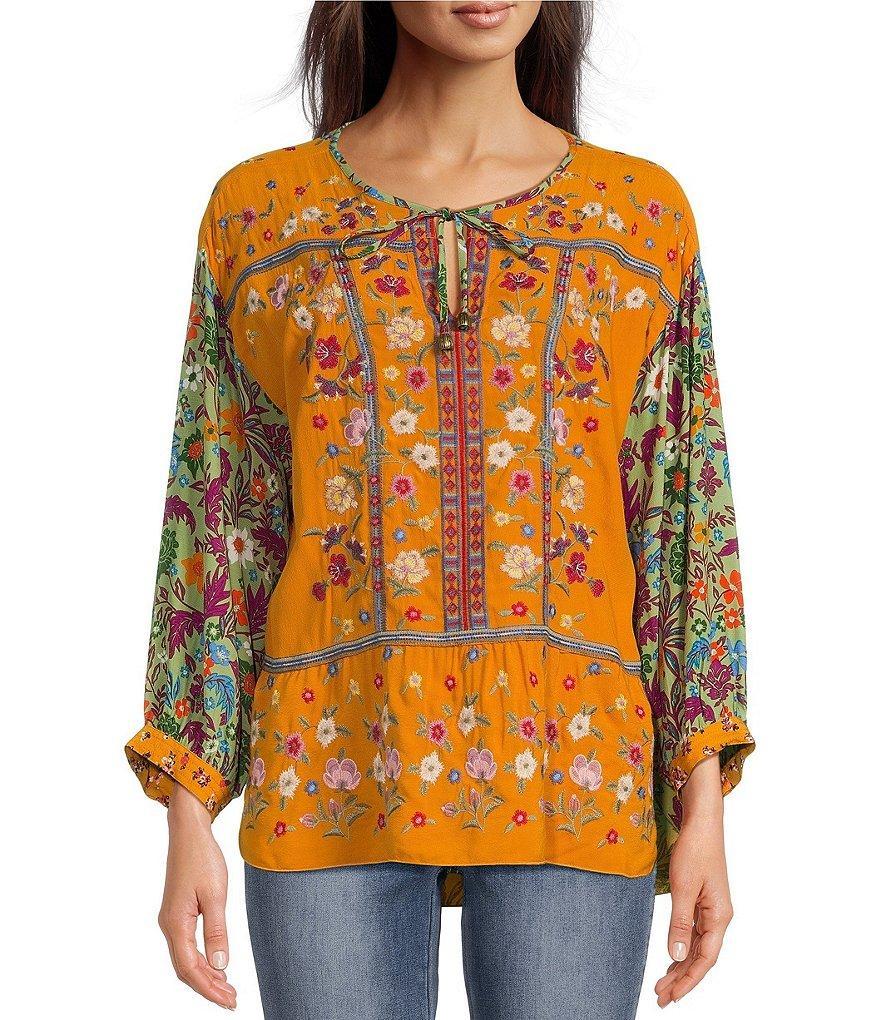 John Mark Woven Floral Embroidered Split Neck Tie Front 3/4 Sleeve Tunic Product Image