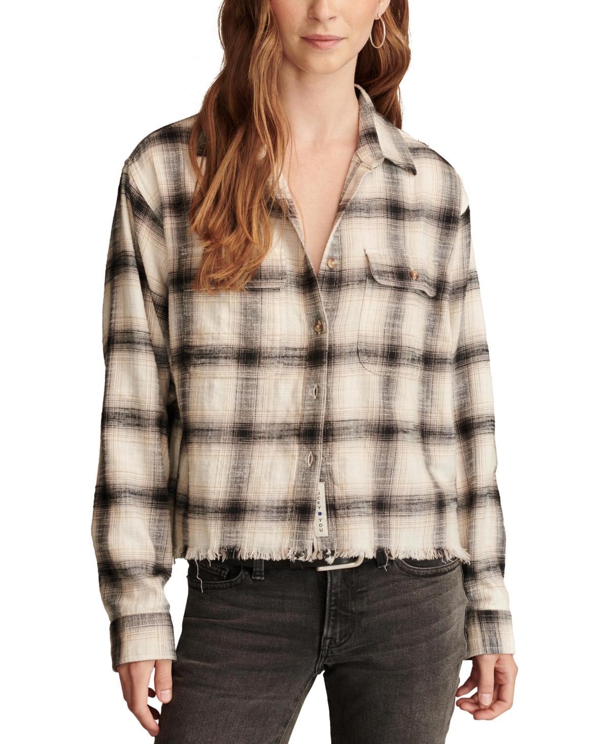 Lucky Brand Womens Cotton Raw Edge Plaid Cropped Button Down Top Product Image