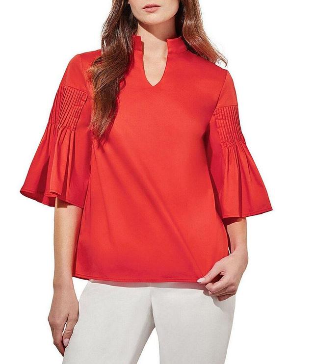 Ming Wang Cotton Blend Stand Split V-Neck 3/4 Pleated Bell Sleeve Blouse Product Image