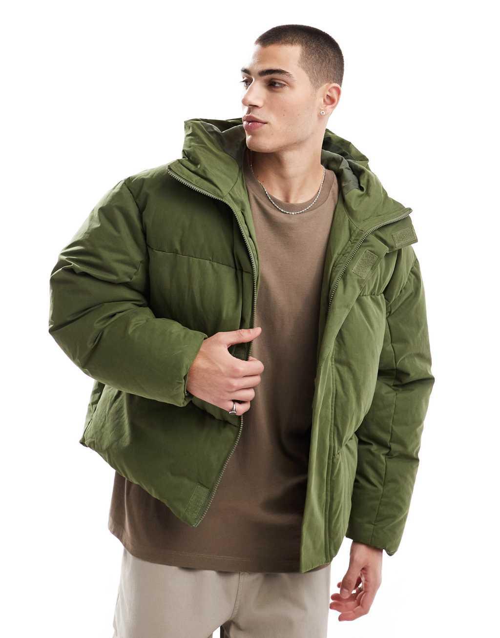 ASOS DESIGN oversized puffer jacket with seam detail in khaki Product Image