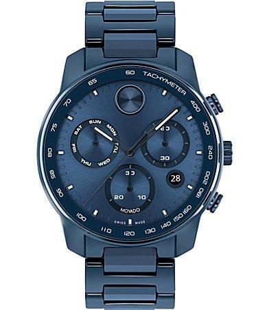 Men's Movado BoldÂ® Verso Gunmetal Grey IP Chronograph Blue Leather Strap Watch with Grey Dial (Model: 3600909) Product Image