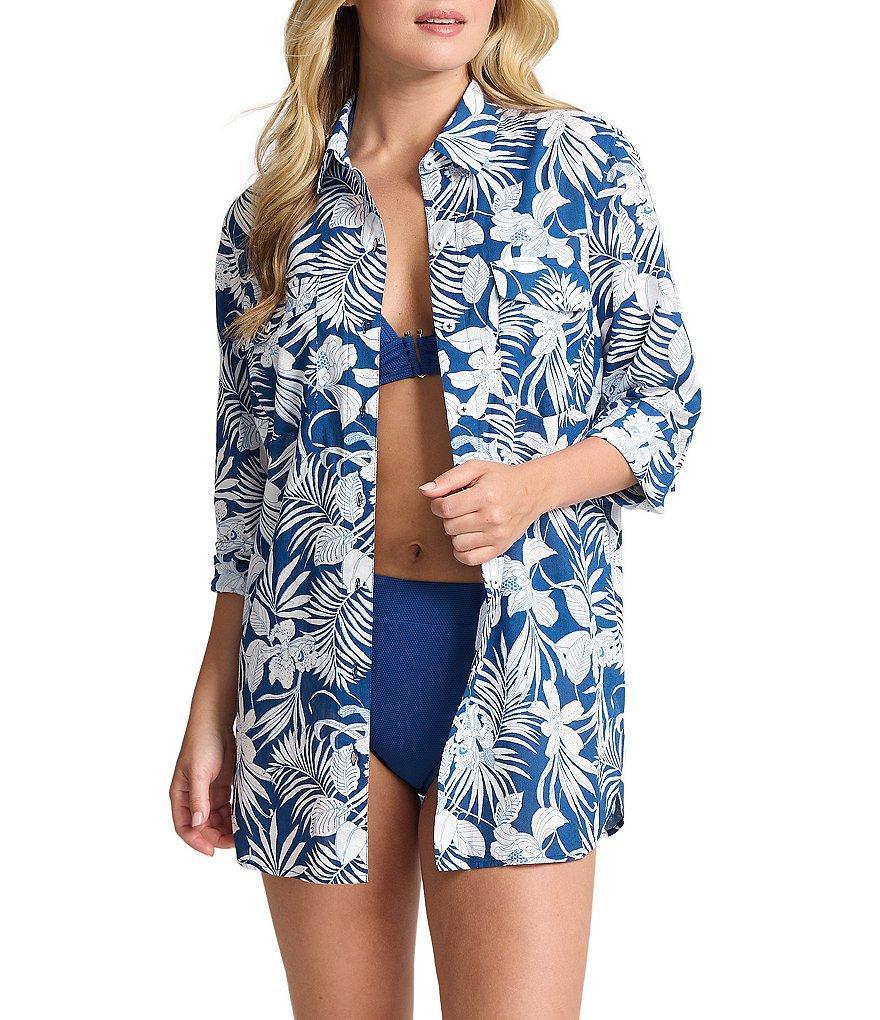 Tommy Bahama Island Cays Blooms Tropical Print Long Sleeve Button Front Shirt Dress Swim Cover-Up Product Image