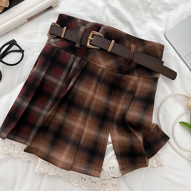 High Rise Plaid Lace Trim Pleated A-Line Mini Skirt With Belt Product Image