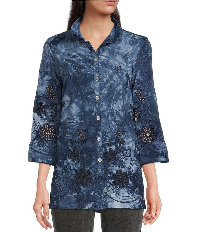 John Mark Tie Dye Print Floral Embroidered 3/4 Sleeve Point Collar Button Front Tunic Product Image