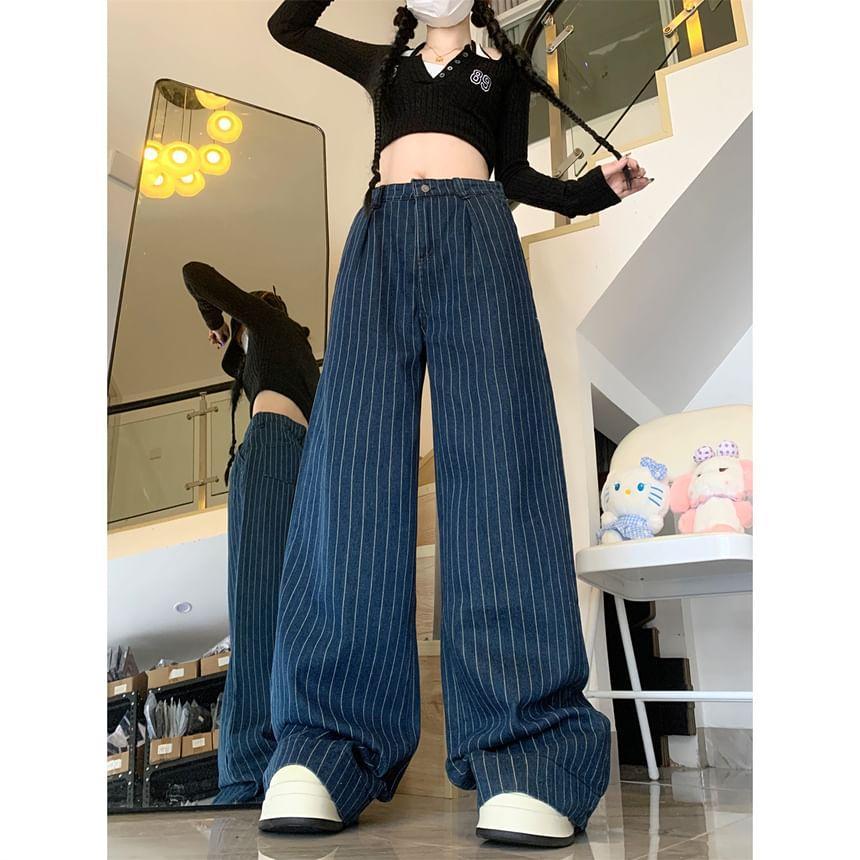 High Waist Striped Loose-Fit Wide-Leg Jeans Product Image