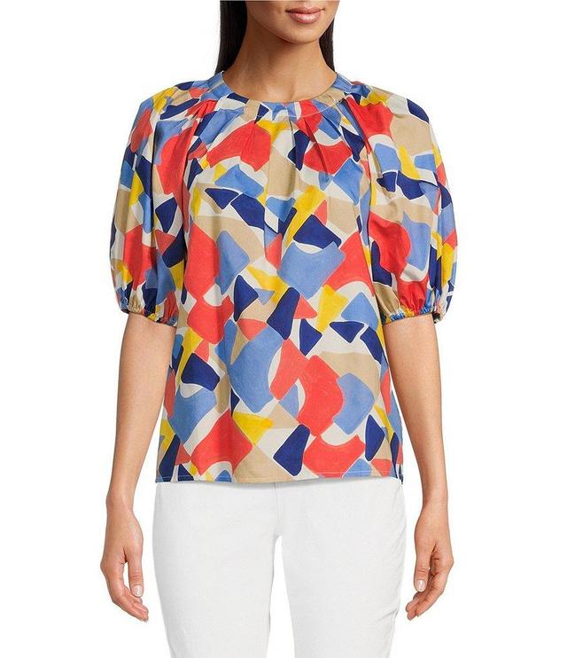 tyler boe Renee Woven Puzzle Printed Crew Neck Short Puff Sleeve Pleated Top Product Image