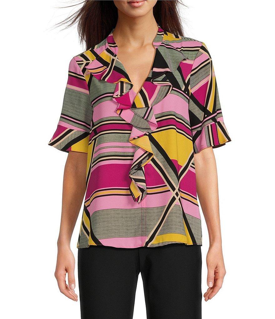 Karl Lagerfeld Paris Printed Short Sleeve V-Neck Ruffle Front Blouse Product Image