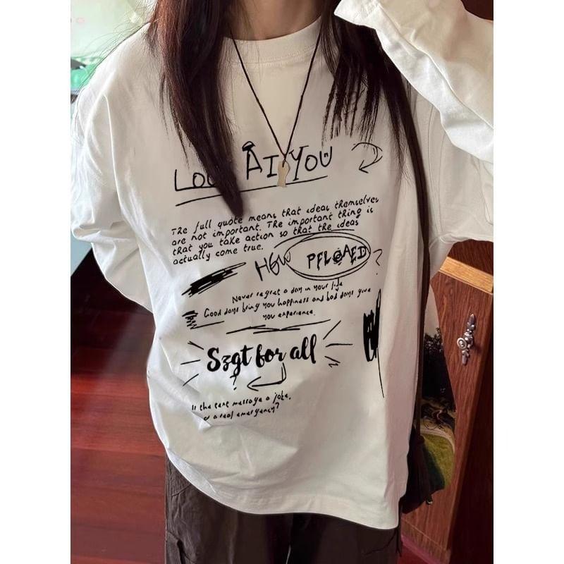 Long-Sleeve Crew Neck Lettering Oversized T-Shirt Product Image