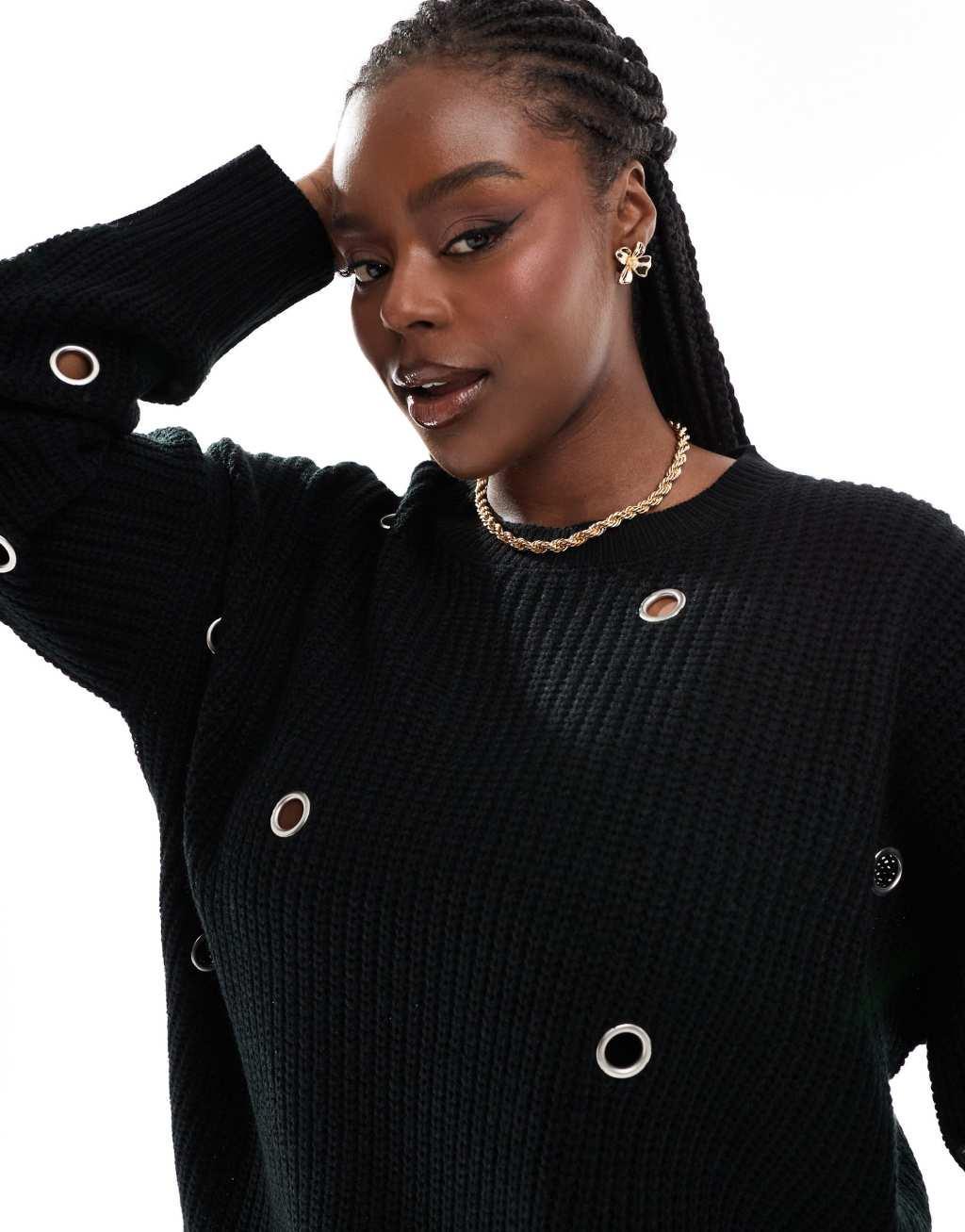 Yours eyelet sweater in black product image