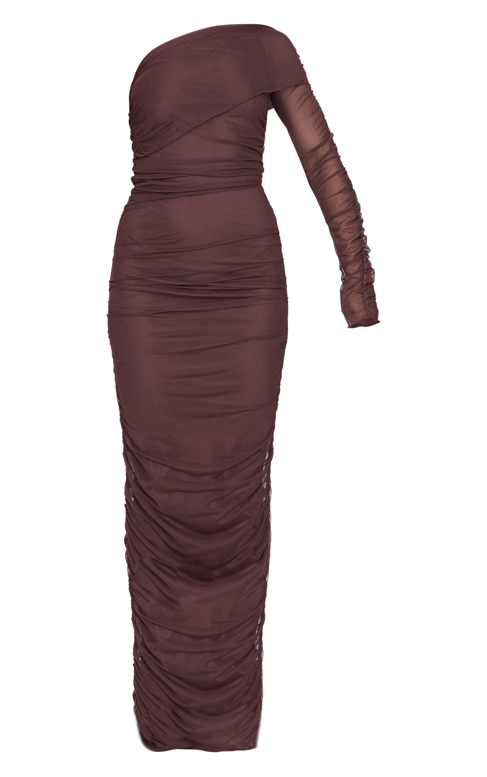 Chocolate Mesh Bardot One Sleeve Maxi Dress Product Image