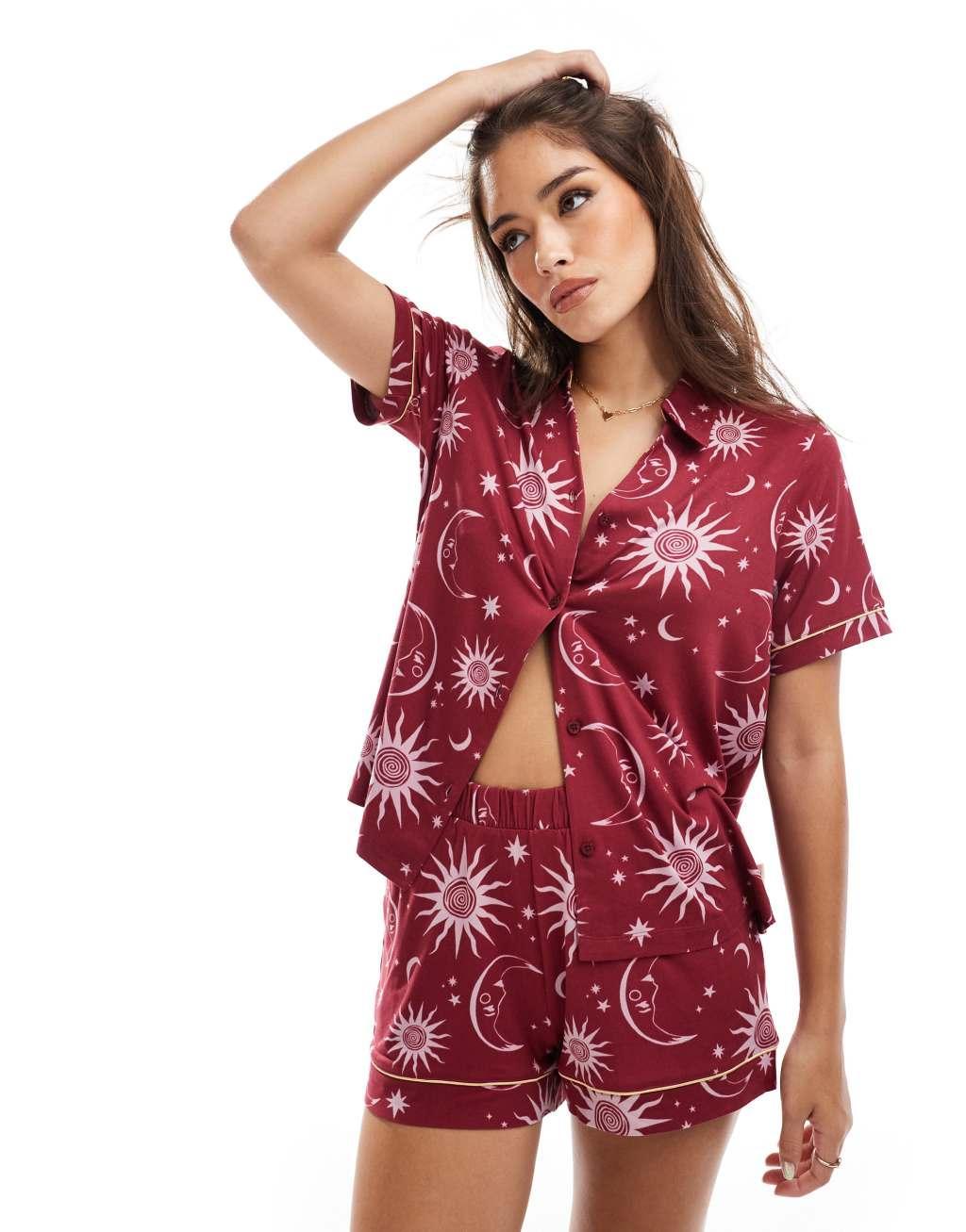 Chelsea Peers Exclusive moon and star print short sleeve revere and short pajama set in cherry red Product Image