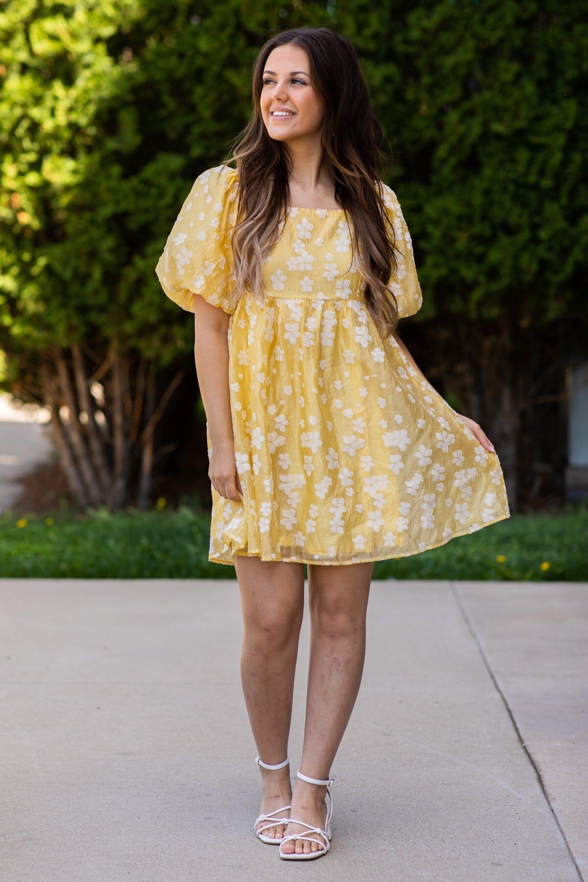 Pastel Yellow Floral Puff Sleeve Dress Product Image