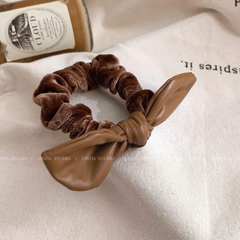 Bow Faux Leather Velvet Scrunchie Product Image