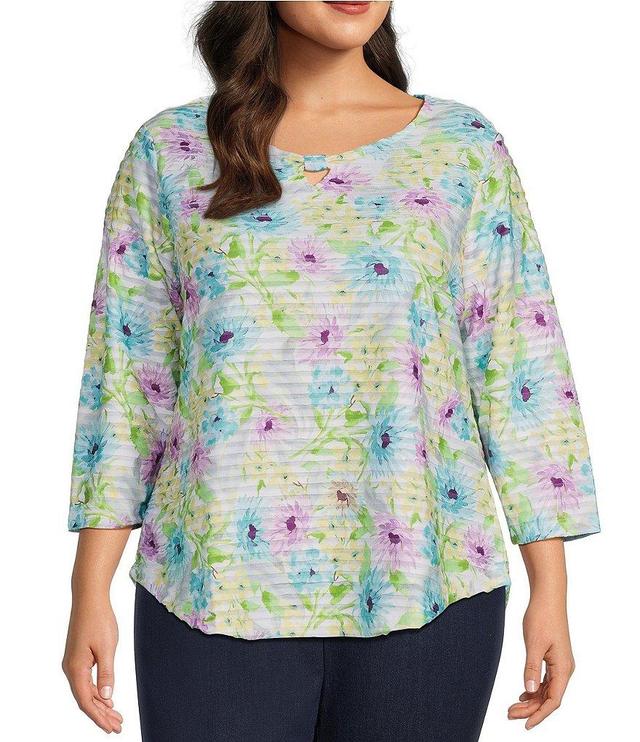 Allison Daley Plus Size Floral Print 3/4 Sleeve Keyhole Neck Ruffle Knit Top Product Image