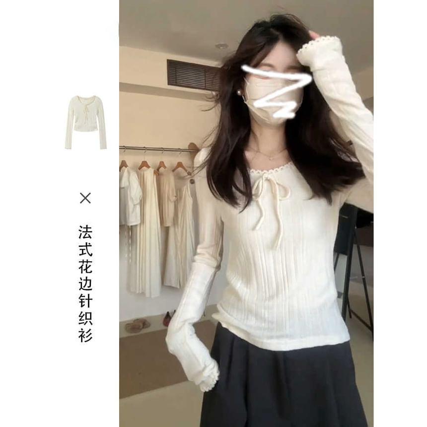 Long-Sleeve Crew Neck Plain Bow Accent Lace Trim Slim Fit Knit Top Product Image