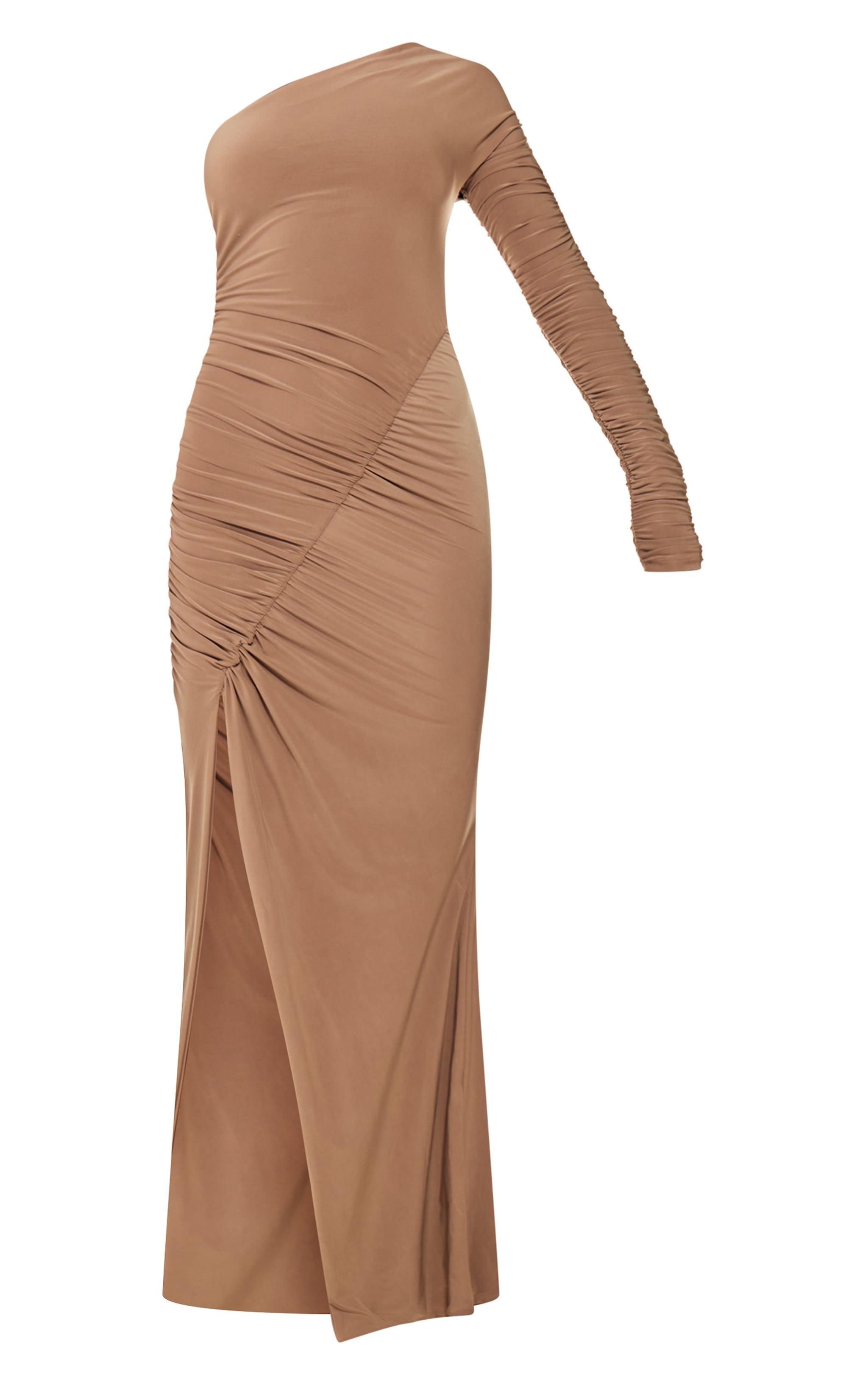 Sand Double Layer Slinky Ruched Asymmetrical Midaxi Dress Product Image