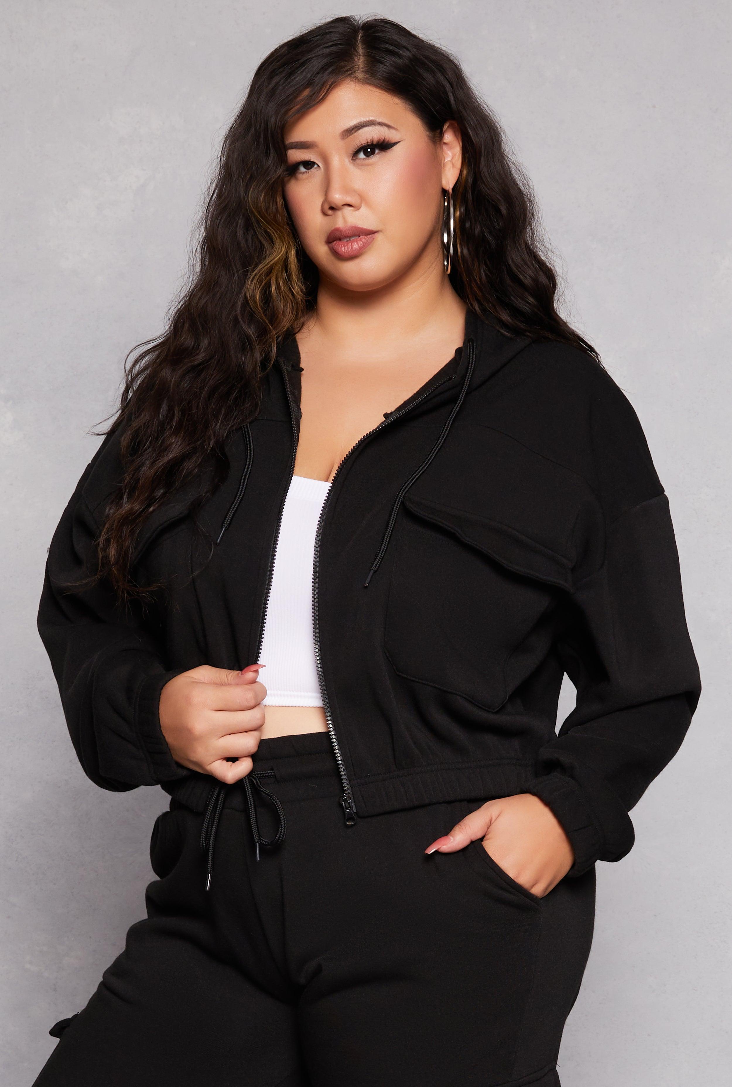 Womens Plus Size Fleece Cargo Pocket Zip Front Hoodie Product Image