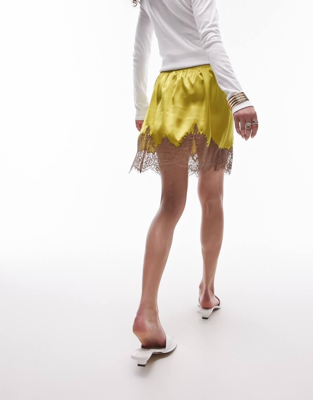 Topshop satin lace petticoat mini skirt in chartreuse with brown lace Product Image