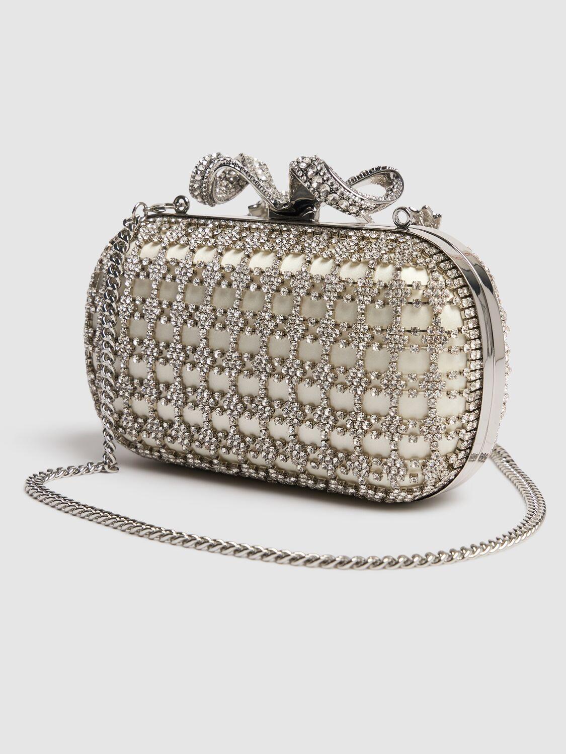 Bow Crystal-embellished Satin Box Clutch In Cream Product Image