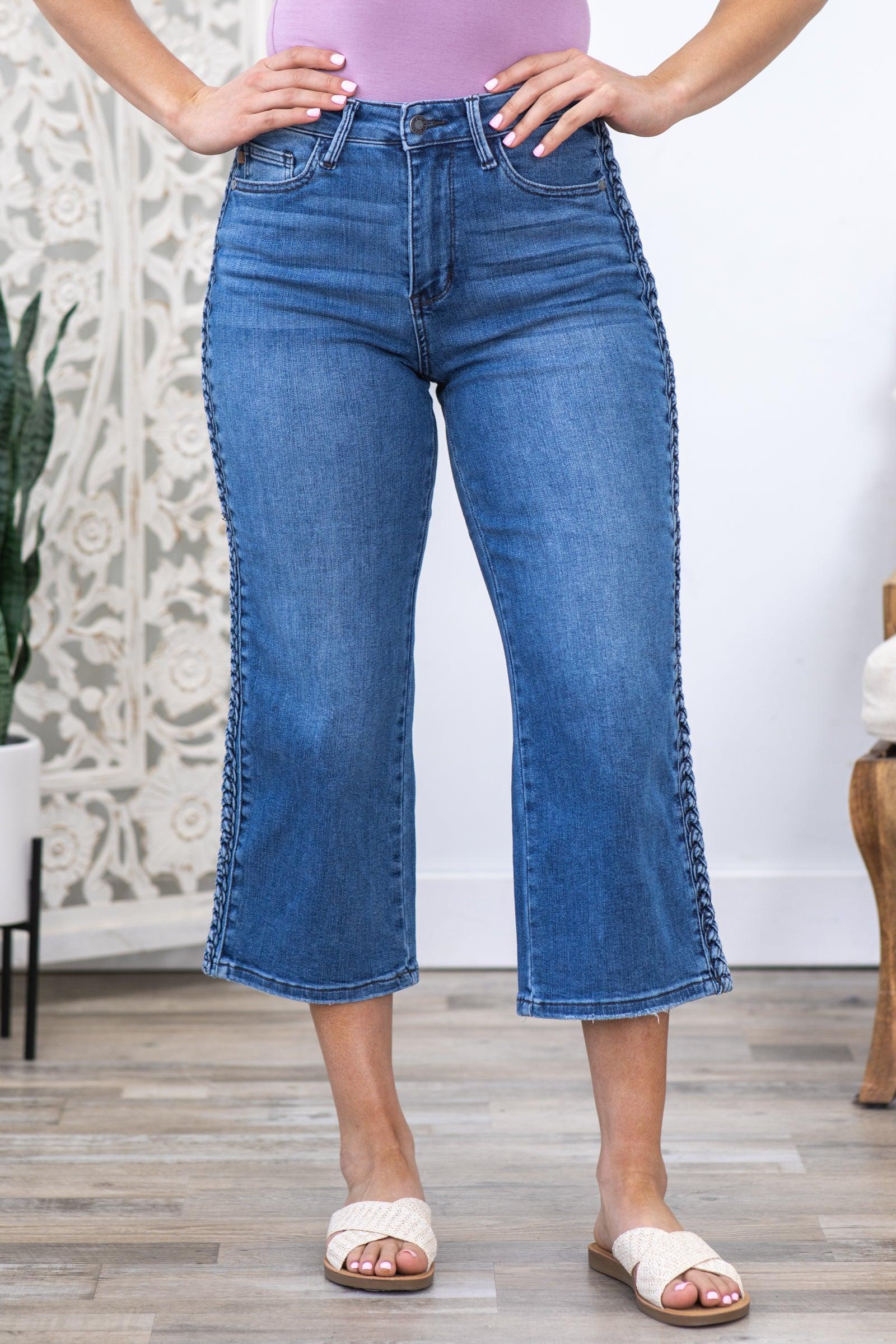 Judy Blue Braid Detail Crop Wide Leg Jeans Product Image