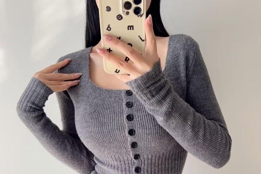 Long Sleeve Square-Neck Plain Ribbed-Knit Slim-Fit Crop Cardigan Product Image