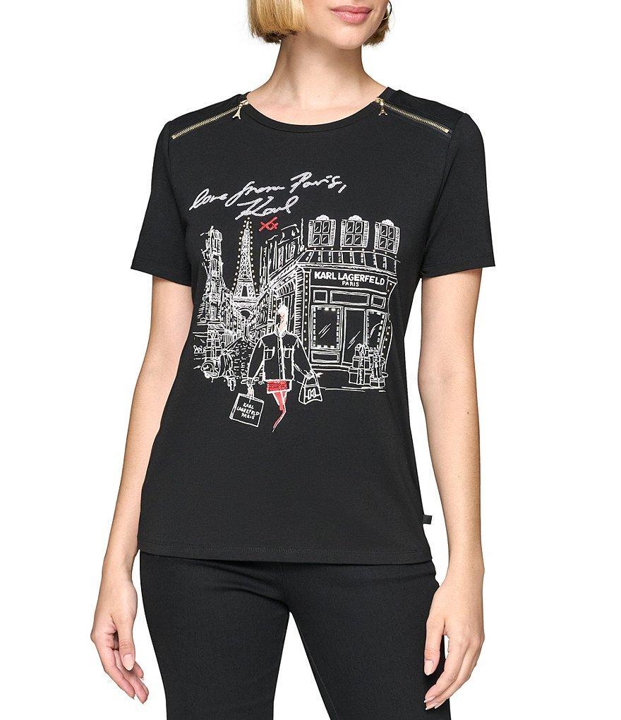 KARL LAGERFELD PARIS Paris Sketch Artwork Zipper Shoulder Crew Neck Short Sleeve Tee Shirt Product Image