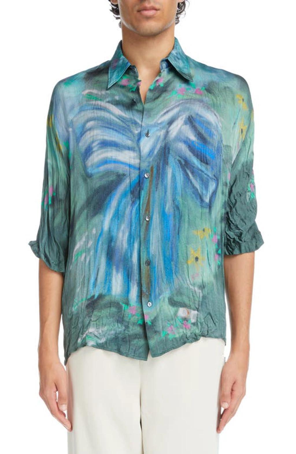 ACNE STUDIOS Sandroki Printed Crinkled-satin Shirt In Sage Green Light Blue Product Image