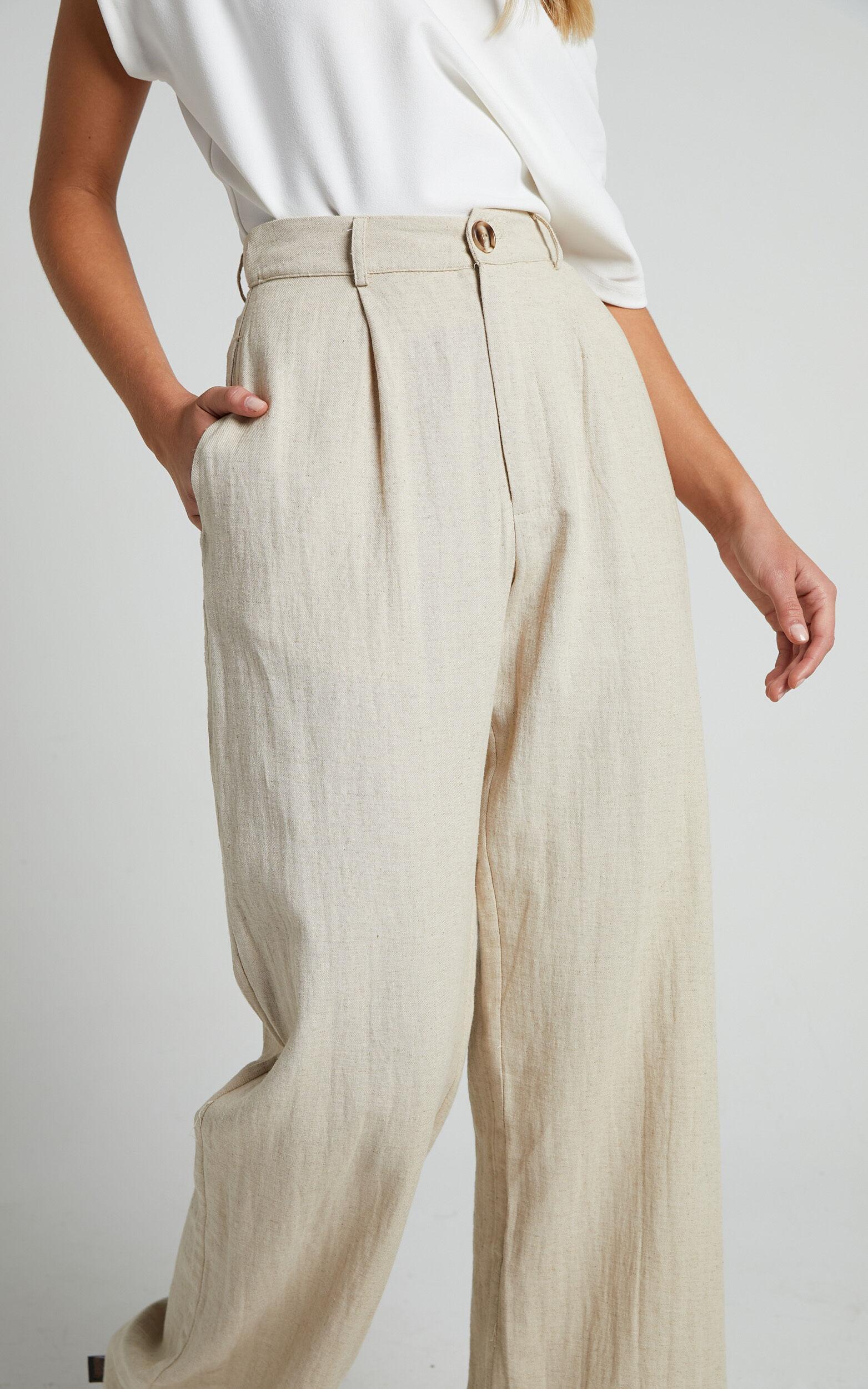 Larissa Trousers - Linen Look Mid Waisted Relaxed Straight Leg Trousers in Oatmeal Product Image