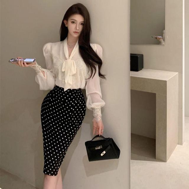 Long-Sleeve Tie-Neck Lace Panel Blouse / High Waist Dotted Pencil Skirt Product Image