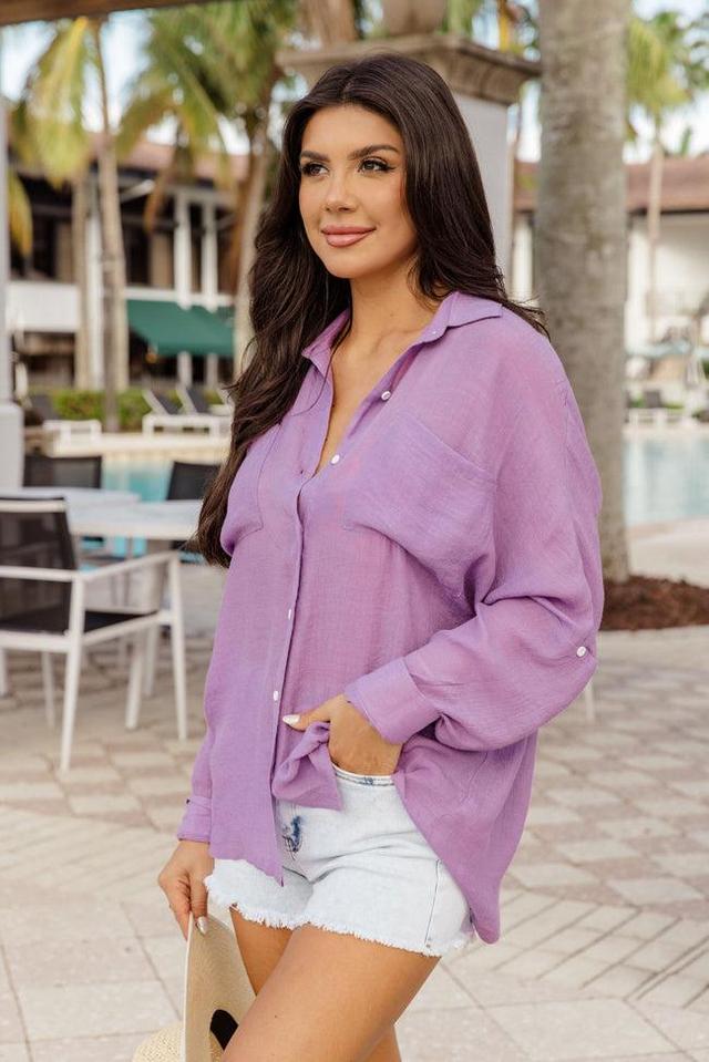 Seashore Serenade Purple Cotton Blend Button Up Top Product Image