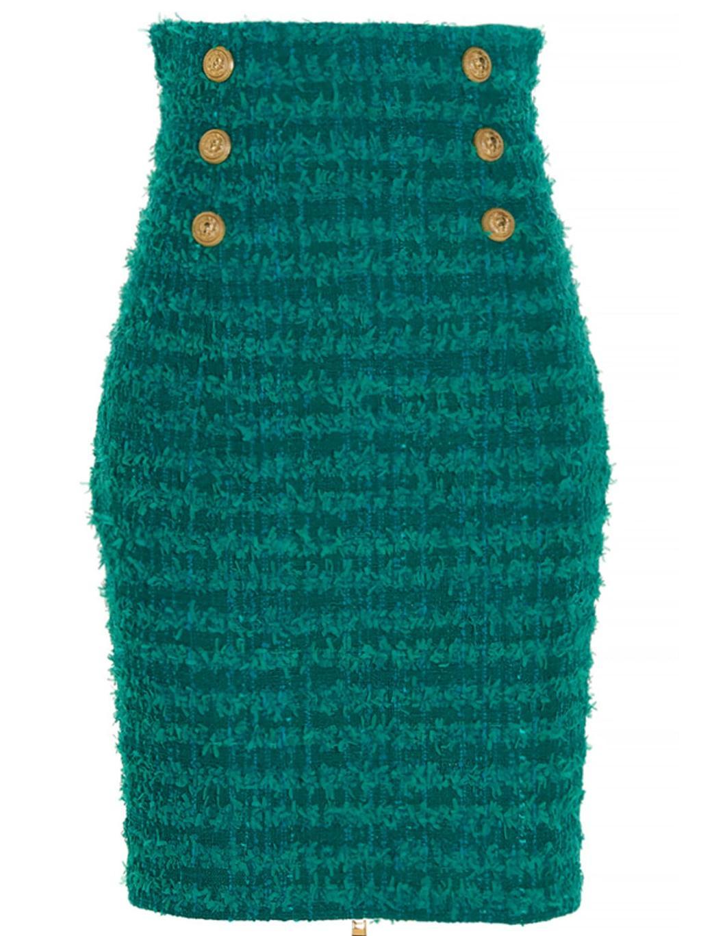 BALMAIN Logo Button Tweed Skirt In Green Product Image