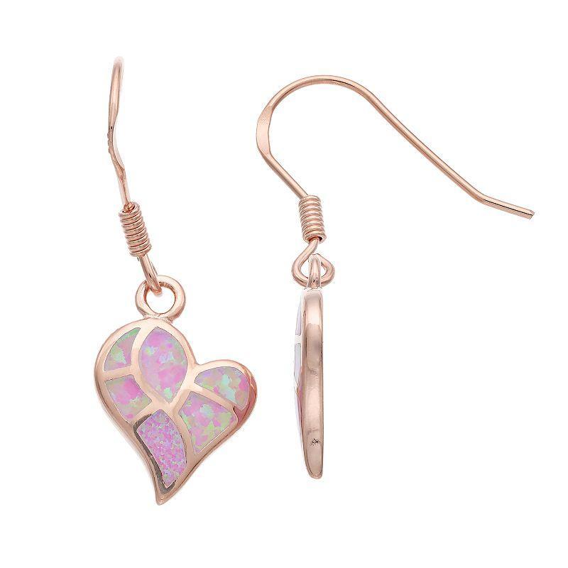 14k Rose Gold Over Silver Lab-Created Pink Opal Heart Drop Earrings, Womens Product Image