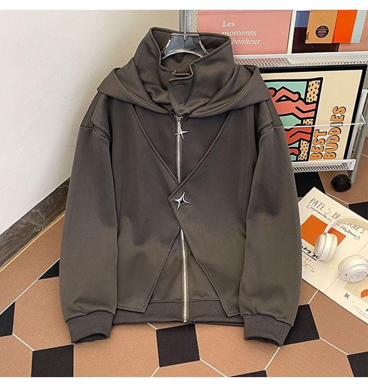 Plain Star Studded Hooded Mock Two-Piece Zip Jacket Product Image