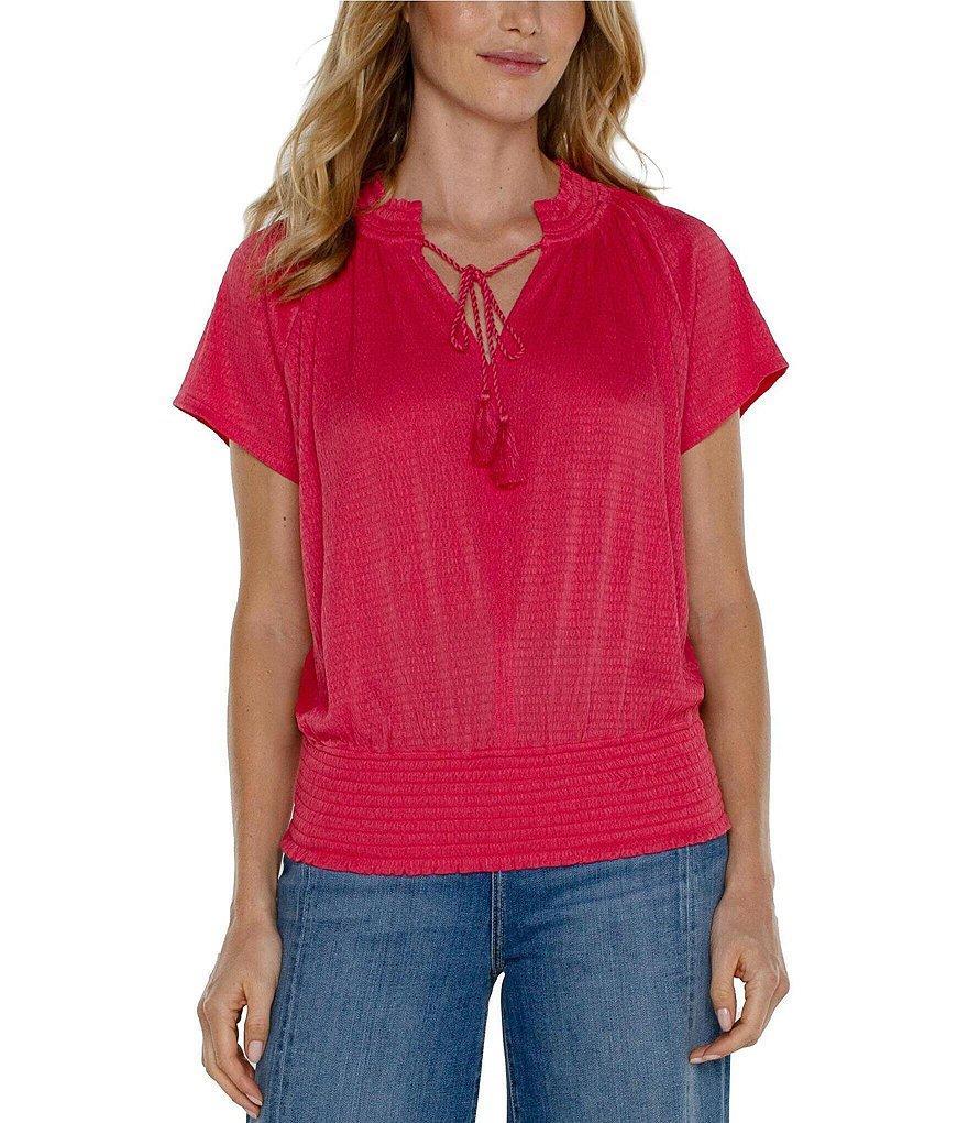 Liverpool Los Angeles Raglan Knit V-Neck Short Sleeve Front Tie Smocked Hem Top Product Image