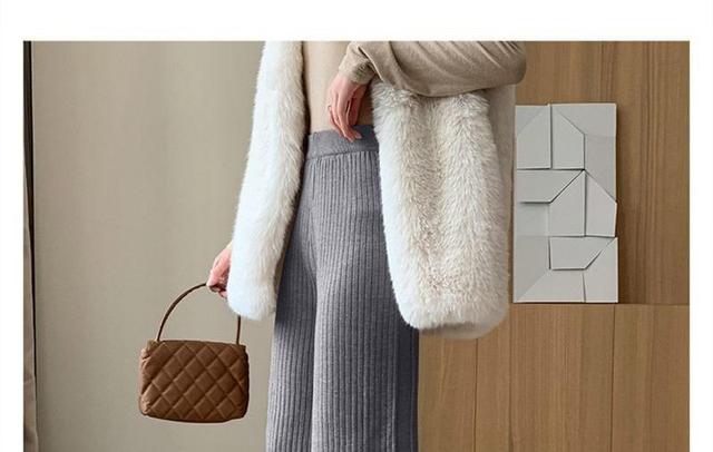 High Rise Button Hem Ribbed Wide Leg Knit Pants Product Image